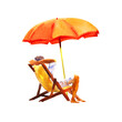 Man is resting on deck chair under umbrella, summer holiday, relax, vacation and travel concept, isolated, hand drawn watercolor illustration on white background