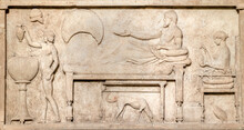 Marble Funerary Stele With A Banquet Scene From Thassos (Greek).