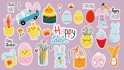 Naklejka na meble Set of Easter stickers: eggs, rabbit, flowers, carrot, chick. Cute hand drawn illustrations.
