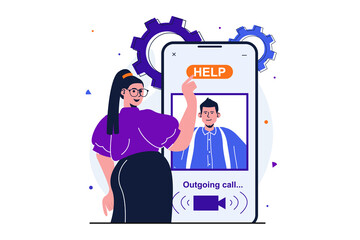 Poster - Customer service modern flat concept for web banner design. Woman calling to client support using mobile phone. Male operator working in call center. Vector illustration with isolated people scene
