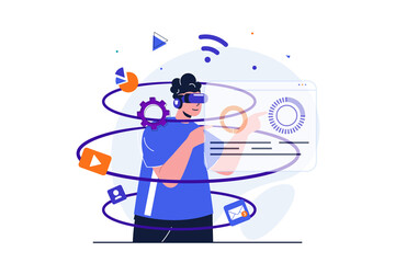 Aufkleber - Cyberspace modern flat concept for web banner design. Man in VR glasses explores augmented reality on simulated dashboard. Cyber technology education. Vector illustration with isolated people scene