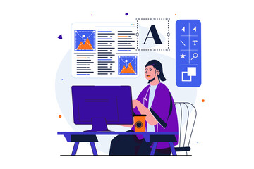Poster - Designer studio modern flat concept for web banner design. Woman works at computer, develops layout and usability of site, works with images and text. Vector illustration with isolated people scene