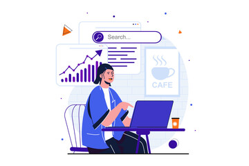 Poster - Freelance working modern flat concept for web banner design. Woman manager analyzes data from laptop, working online while sitting at table in cafe. Vector illustration with isolated people scene