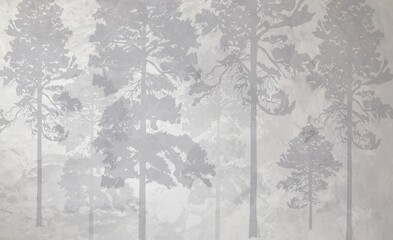 photo wallpapers for the interior. wall decor in grunge style. the forest is in a fog. a fresco depi