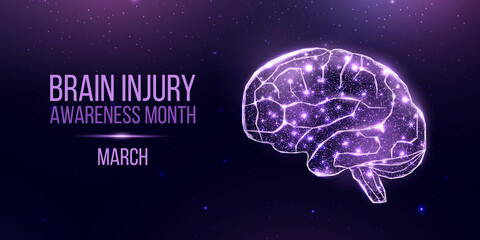 Wall Mural - Brain injury awareness month concept with glowing low poly brain. Wireframe low poly style. Abstract modern 3d vector illustration on dark blue background