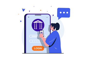 Poster - Mobile banking modern flat concept for web banner design. Woman enters login and password for secure access to personal financial account in application. Vector illustration with isolated people scene