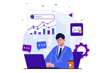 Aufkleber - Office work modern flat concept for web banner design. Male employee analyzes financial statistics graphs, writes report and answers incoming emails. Vector illustration with isolated people scene