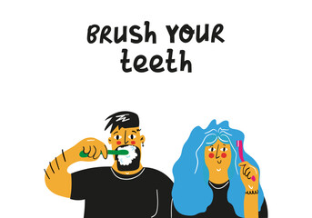 Wall Mural - Couple brushing teeth. Hand drawn illustration. Oral hygiene and healthcare concept.