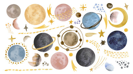 Watercolor Space set with Planets, comets and stars. Hand drawn illustration of Universe with golden Moon. Sketch of Galaxy. Cosmos elements isolated on white background in light pastel colors