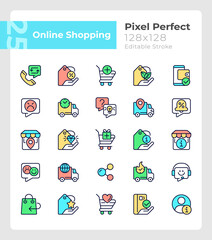 Wall Mural - Online shopping pixel perfect RGB color icons set. Electronic commerce. Isolated vector illustrations. Simple filled line drawings collection. Editable stroke. Quicksand-Light font used