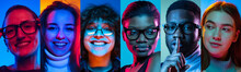 Set Of Closeup Portraits Of Young Excited Multiethnic People On Multicolored Background In Neon. Concept Of Human Emotions, Facial Expression, Sales.