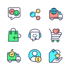 Canvas Print - Online shopping assistance pixel perfect RGB color icons set. Customer and client service. Help desk. Isolated vector illustrations. Simple filled line drawings collection. Editable stroke