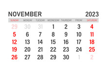 Calendar Template For November 2023. Layout For November 2023 Year. Printable Monthly Planner. Desk Calendar Design. Start Of The Week On Sunday.