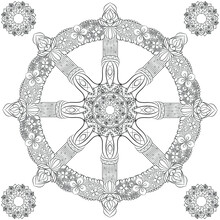 Buddhism Dharma Samsara Wheel Outline Decorative Ornate Black On White Background