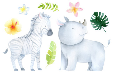  Watercolor baby cartoon zebra and rhinoceros. Tropical cute floral illustration. Jungle animals. Safari baby animals, cute childish baby shower illustration. Tropical flowers and leaves.
