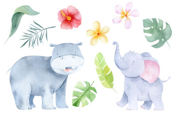 Watercolor baby cartoon hippo and elephant. Tropical cute floral illustration. Jungle animals. Safari baby animals, cute childish baby shower illustration. Tropical flowers and leaves.