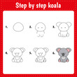 © a.yaskova - Drawing lesson for children. How draw koala. Drawing tutorial with funny animal. Step by step repeats the picture. Kids activity art page for book. Vector illustration.