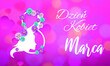 kartka lub baner na dzień kobiet 8 marca w kolorze białym na różowym tle z kółkami w efekcie bokeh a na ósemce profil kobiety i kwiaty