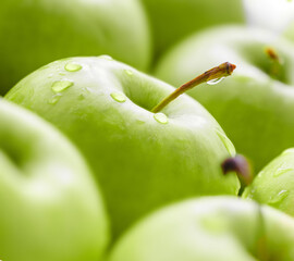 Green apples with water drops background. Close-up