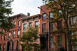 Row of Colorful Old Brick Residential Buildings in Greenpoint Brooklyn of New York City