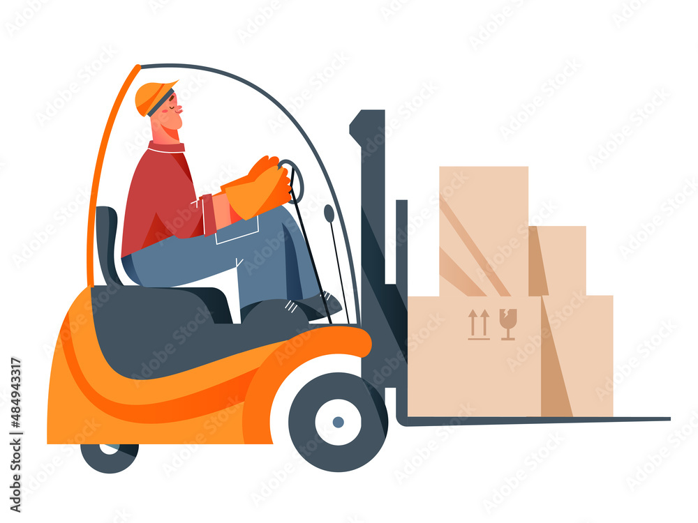 Forklift with driver moving parcel boxes in warehouse, man driving ...