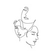 Three female faces drawn with one continuous line. Abstract minimal portraits . Abstract minimal portrait. Vector illustration. 