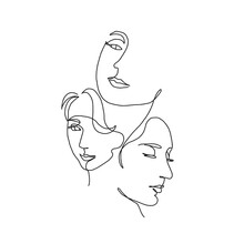 Three Female Faces Drawn With One Continuous Line. Abstract Minimal Portraits . Abstract Minimal Portrait. Vector Illustration. 