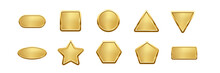Gold Button Of Different Geometric Shapes With Frames And Shine Light Effect Set