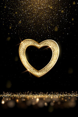 Wall Mural - Gold glitter heart frame on dark luxury shiny background. Happy Valentines day design template. Golden glowing festie border