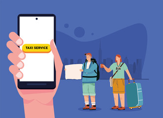 Poster - tourists using taxi online app