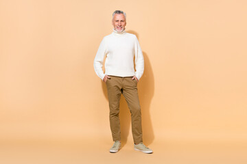 Sticker - Full length body size view of attractive cheerful grey-haired man holding hands in pockets isolated over beige pastel color background