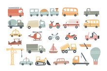 Set Of Cute Vehicles For Kids Design. Hand Drawn Vector Illustration