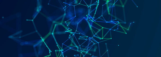 Abstract 3D illustration with connected dots and lines. Wireframe polygonal element. Science and technology. 3d.