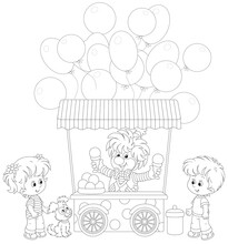 Happy Little Kids With A Cute Small Pup And A Street Ice-cream Cart With A Funny Clown Vendor And Festive Balloons, Black And White Outline Vector Cartoon Illustration For A Coloring Book