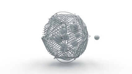 Poster - 3d rendering of a multitude of spheres, droplets in space surrounded by a randomly arranged grid, sp