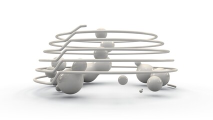 Poster - 3d rendering of a multitude of spheres, droplets in space surrounded by a randomly arranged grid, sp