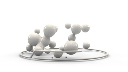 Poster - 3d rendering of a multitude of spheres, droplets in space surrounded by a randomly arranged grid, sp
