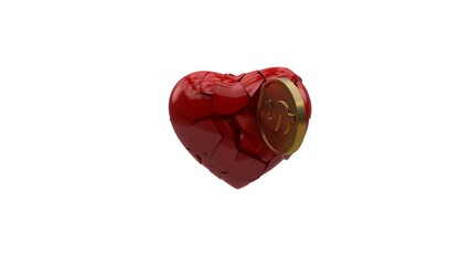 Poster - 3d rendering of a large red heart on a white background, isolated. The heart is broken by a gold coin. a broken heart. Gold shattered feelings.
