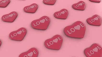 Poster - 3d rendering of lots of pink hearts, valentines on the surface with the text LOVE. Illustration for compositions and postcards for Valentine's Day.