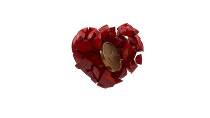 Poster - 3d rendering of a large red heart on a white background, isolated. The heart is broken by a gold coin. a broken heart. Gold shattered feelings.