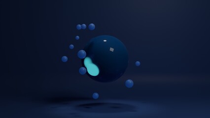 Poster - 3d rendering of a dark blue glossy sphere and glowing spots on its surface. Around the sphere is an array of small blue balls. Abstract composition.