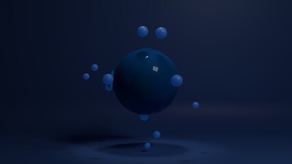 Poster - 3d rendering of a dark blue glossy sphere and glowing spots on its surface. Around the sphere is an array of small blue balls. Abstract composition.