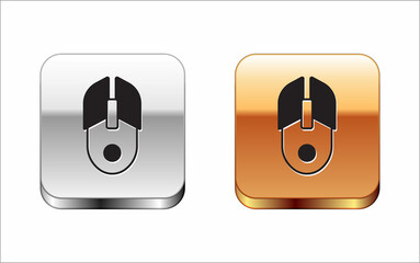 Black Computer mouse icon isolated on white background. Optical with wheel symbol. Silver and gold square buttons. Vector