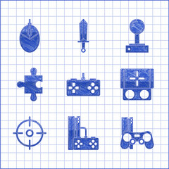 Wall Mural - Set Gamepad, console with joystick, Portable video game, Target sport, Piece of puzzle, Joystick for arcade machine and Computer mouse gaming icon. Vector