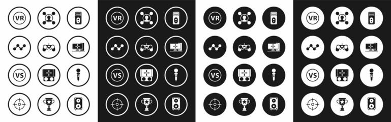 Canvas Print - Set Computer, Gamepad, Share, Virtual reality glasses, monitor, Joystick for arcade machine and VS Versus battle icon. Vector