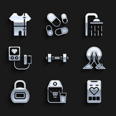 Sticker - Set Dumbbell, Paper package for milk, Mobile with heart rate, Meditation, Kettlebell, Blood pressure, Shower head and Sport track suit icon. Vector