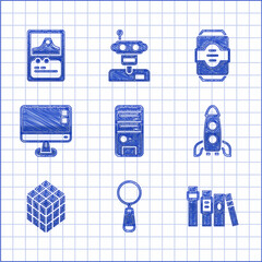 Canvas Print - Set Computer, Magnifying glass, Book, Rocket ship, Rubik cube, monitor screen, Energy drink and Card game icon. Vector