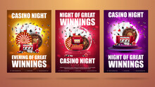 Casino Night, Set Of Invitation Posters With Casino Elements. Posters With Slot Machine, Casino Roulette Wheel, Playing Cards And Poker Chips