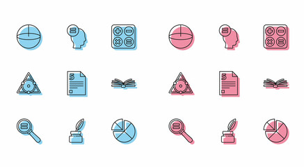 Sticker - Set line Paper clip, Chalkboard, Calculator, Abacus, Infinity, Mobile calculator interface, and Test exam sheet icon. Vector