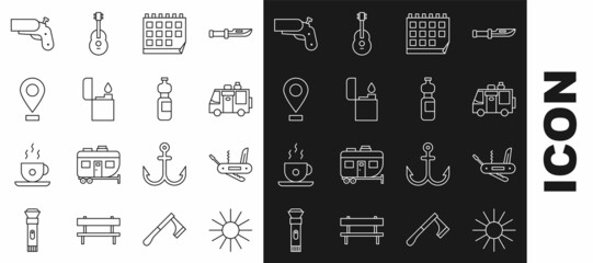 Sticker - Set line Sun, Swiss army knife, Rv Camping trailer, Calendar, Lighter, Location, Flare gun pistol and Bottle of water icon. Vector